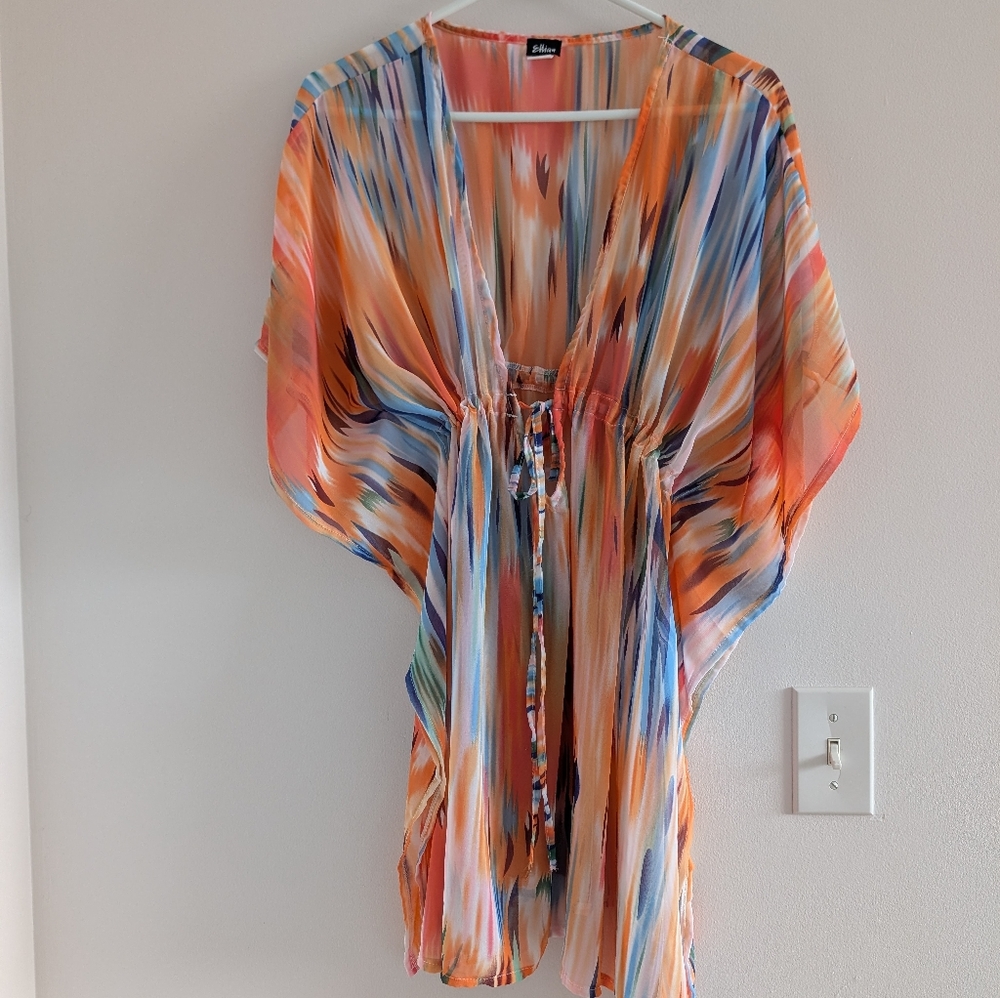 Women's Orange Multicolor Swim Cover-Up Kaftan
